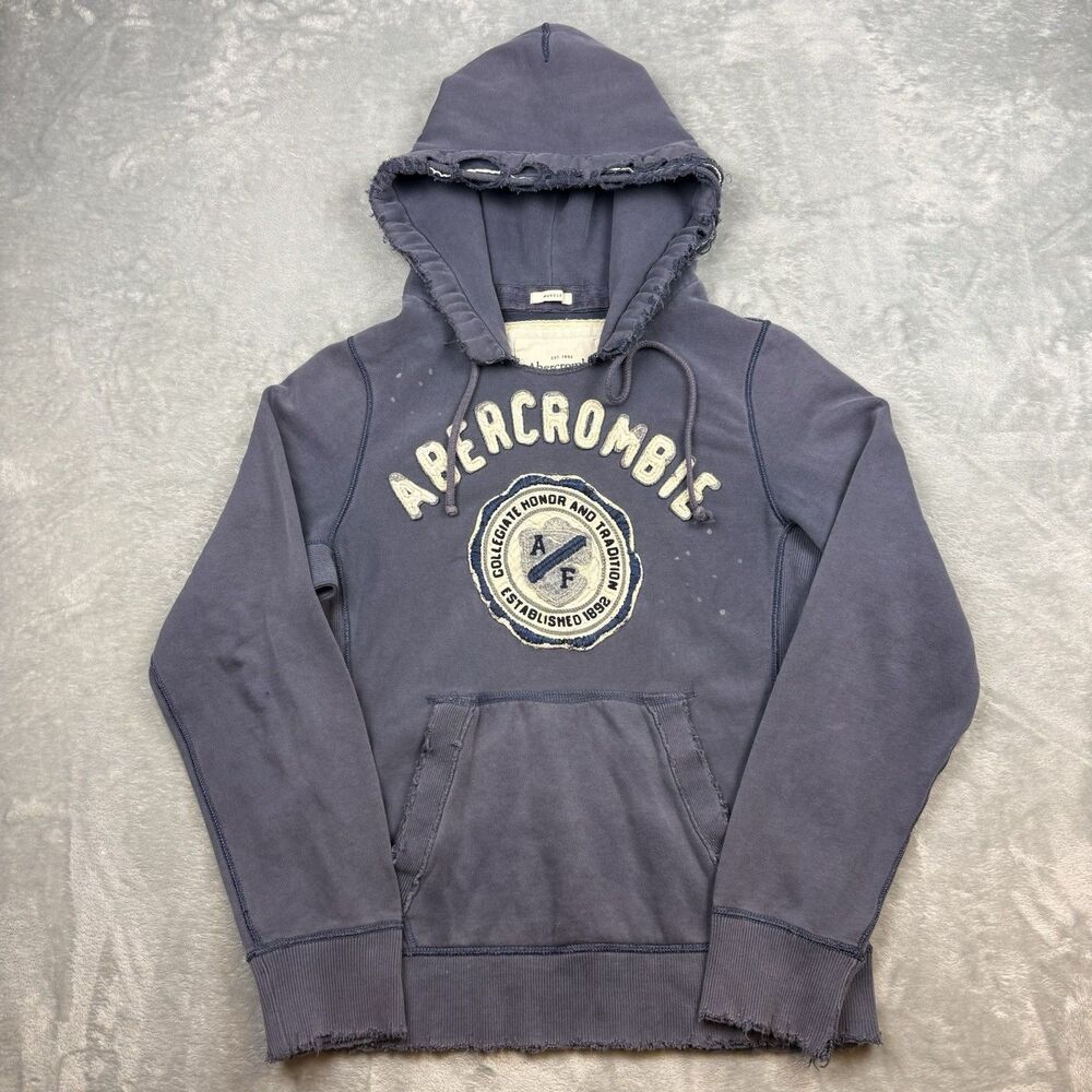 Abercrombie & Fitch Mens Large Distressed Hoodie Blue Applique Logo Muscle Y2K